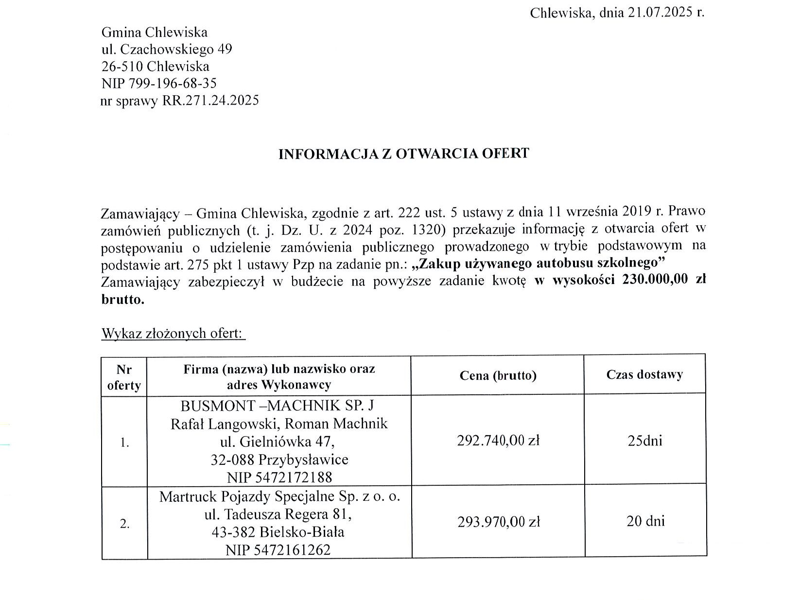 Chlewiska: Zakup używanego autobusu