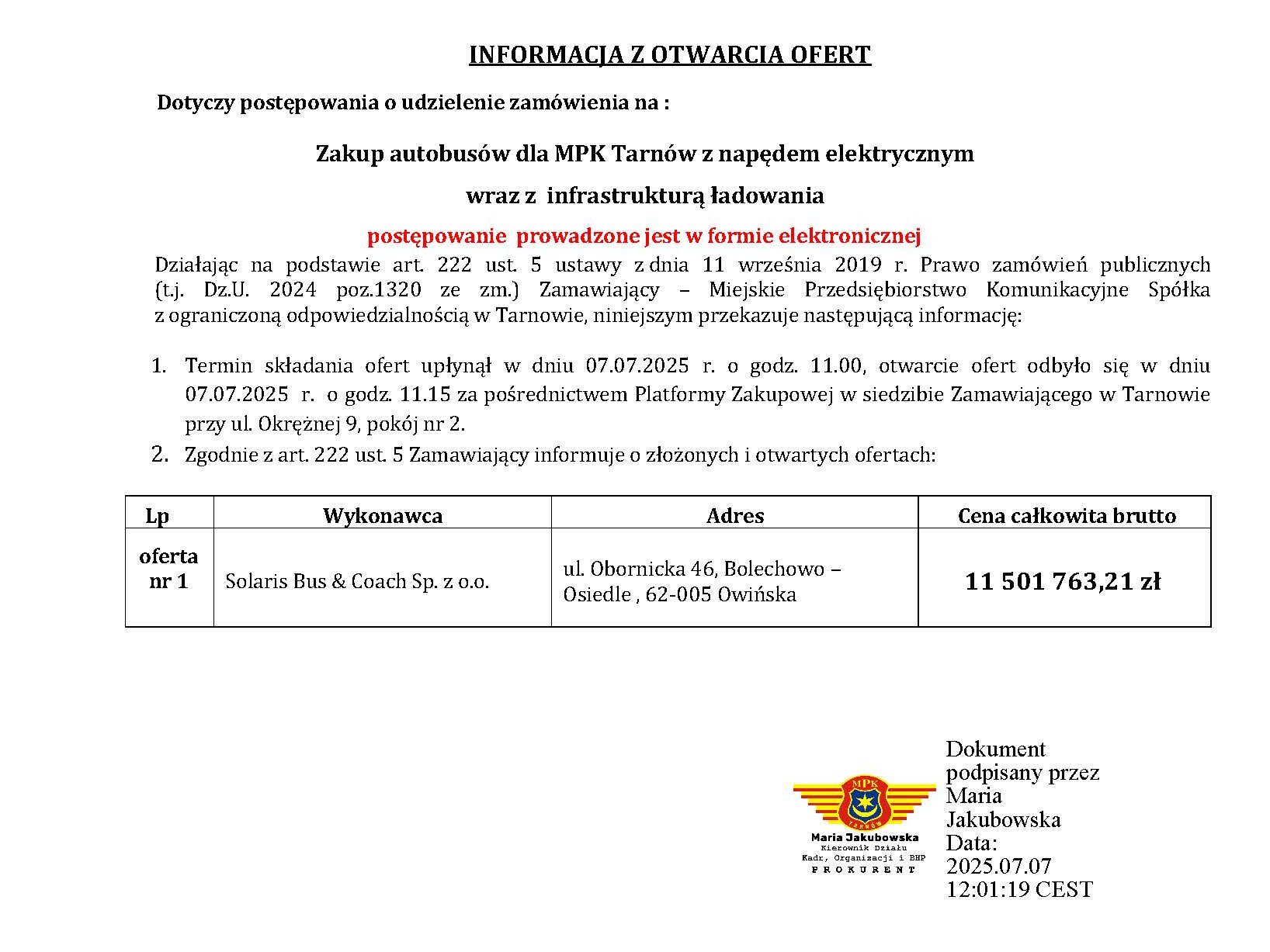 Tylko Solaris chce dostarczyć kolejne elektrobusy dla MPK Tarnów