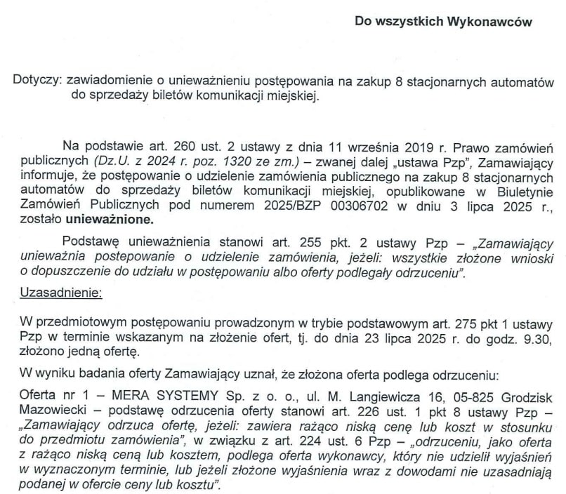 Biletomaty dla Grudziądza: Oferta Mery odrzucona. Powód zaskakuje