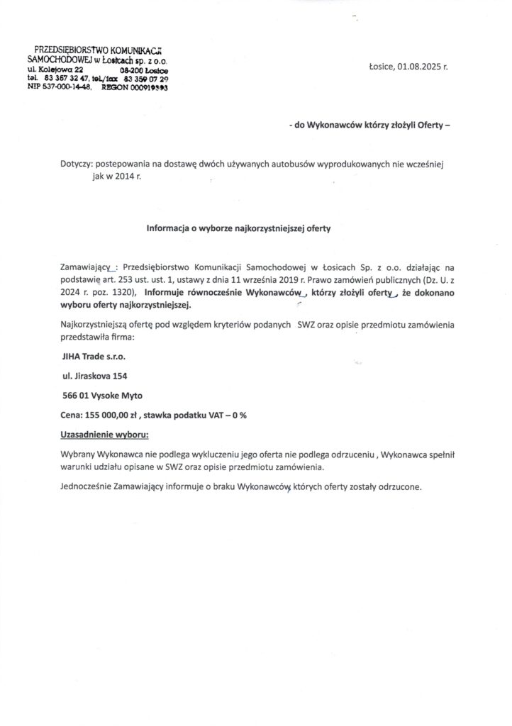 PKS Łosice kupuje dwa autobusy używane. Oferta od JIHA Trade wybrana