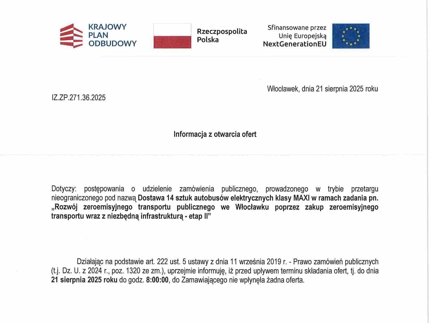 Zeroemisyjny transport publiczny we Włocławku odłożony na później