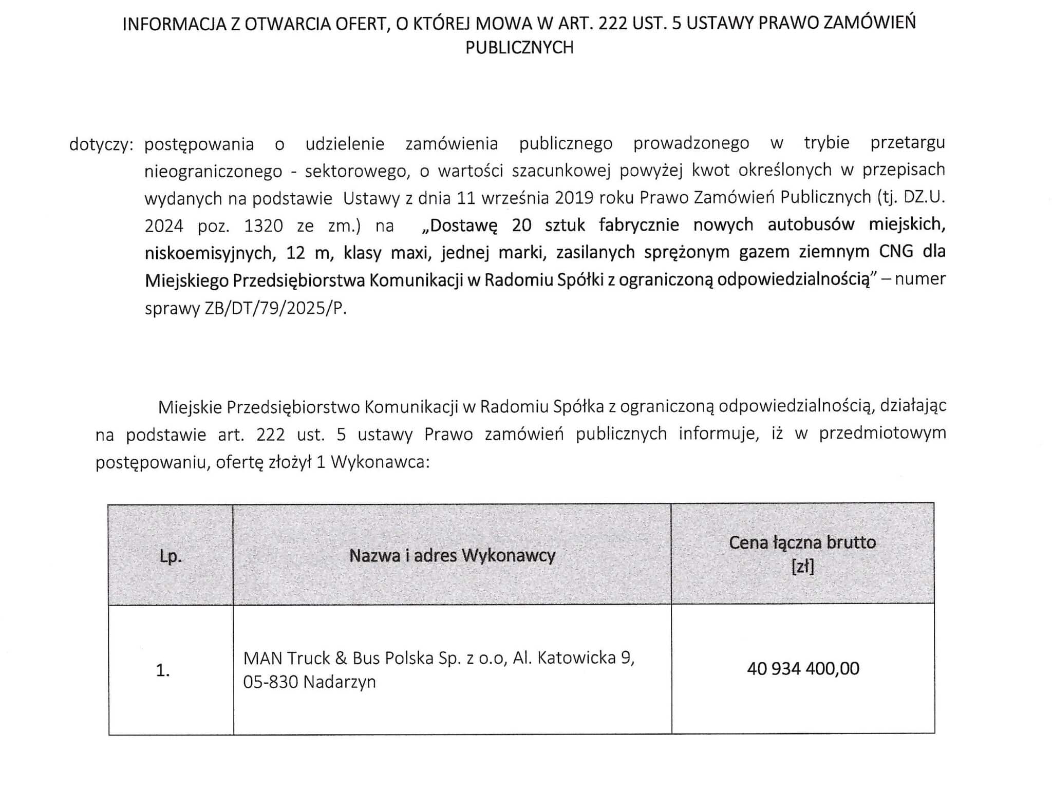 MAN jedynym oferentem w radomskim przetargu na gazowe autobusy / fot. MPK Radom