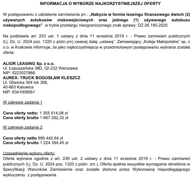 Koleje Małopolskie będą miały trzy używane autobusy. Dostawca i finansujący wybrani