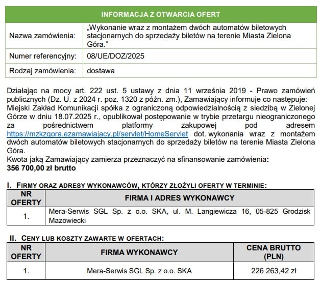 Jedna firma chce dostarczyć dwa biletomaty dla MZK Zielona Góra. Znamy ich cenę