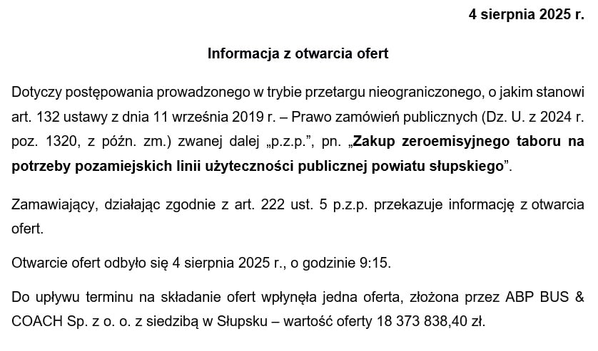 Powiat Słupski dopiął swego. Jest oferta na zakup autobusów elektrycznych