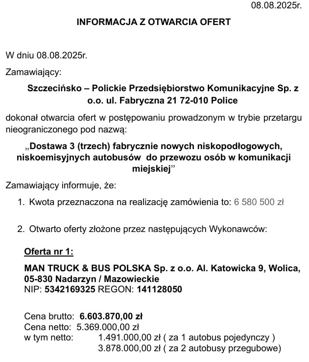 MAN blisko powrotu do SPPK. Jedna oferta w przetargu na trzy Diesle