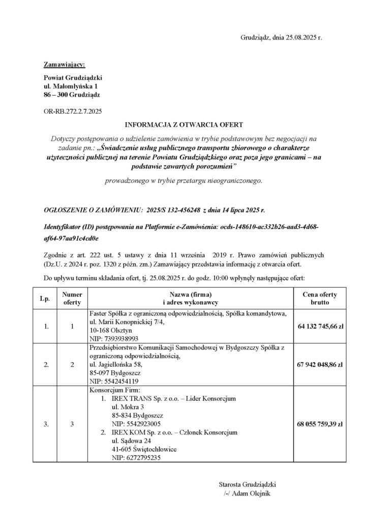 Powiat Grudziądzki wybiera operatora transportu publicznego – trzy oferty w przetargu