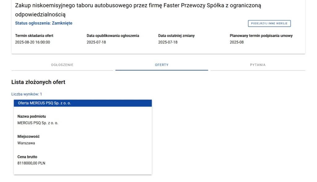 MERCUS PSQ jedynym oferentem w przetargach Faster Transport i Faster Przewozy