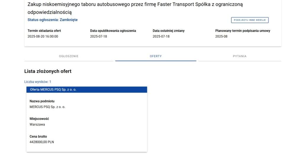MERCUS PSQ jedynym oferentem w przetargach Faster Transport i Faster Przewozy
