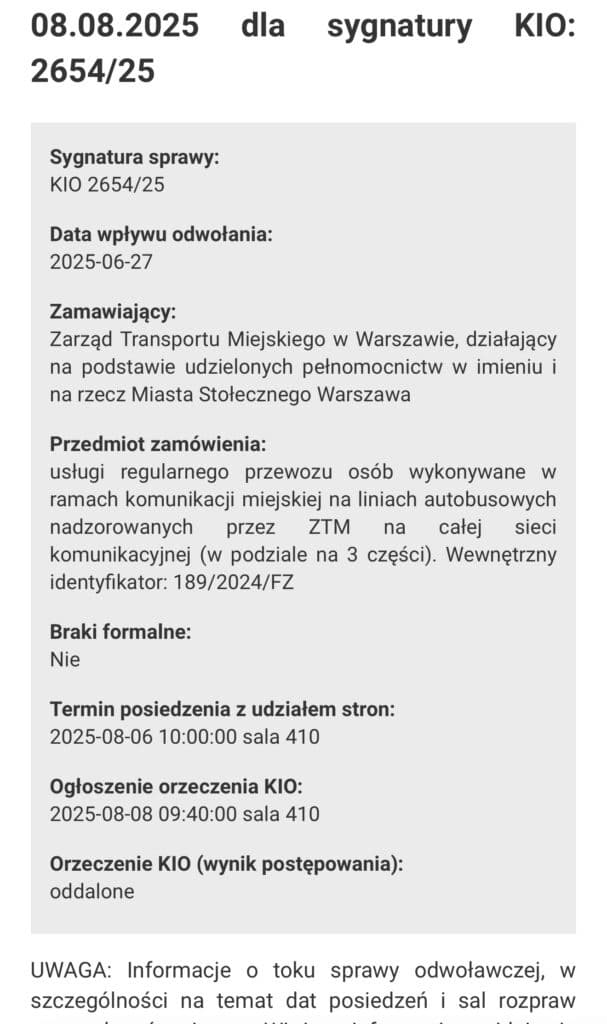 Mobilis przegrywa odwołanie w przetargu ZTM Warszawa. Prosta droga do umowy z Relobus