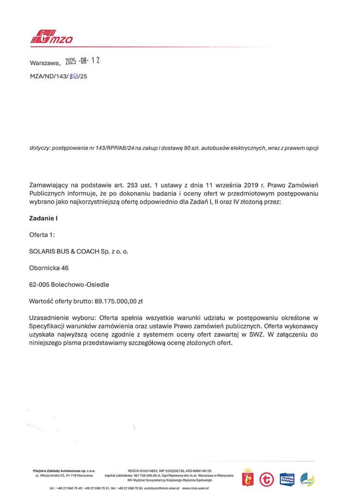 MZA Warszawa wybrało dostawców 89 elektrobusów. Kontrakt dla Solarisa i Irizara