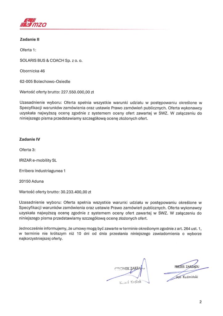 MZA Warszawa wybrało dostawców 89 elektrobusów. Kontrakt dla Solarisa i Irizara