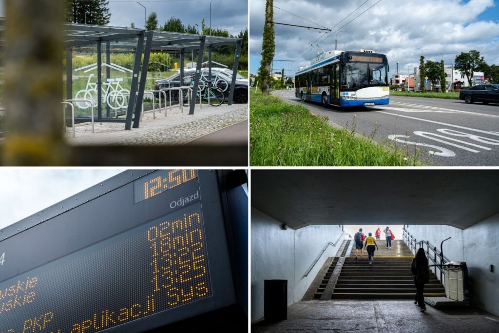 Dofinansowanie pokryje część kosztów zarówno zadań, które już zrealizowano – jak węzeł przesiadkowy Chwarzno-Polanki (u góry, z lewej), ale i planowane, jak buspas na ul. Wielkopolskiej (u góry, z prawej), montaż nowych tablic informacji pasażerskiej (na dole, z lewej) czy budowa dostępnego zejścia do tunelu od strony osiedla Meksyk w Chyloni (fot. Kamil Złoch)