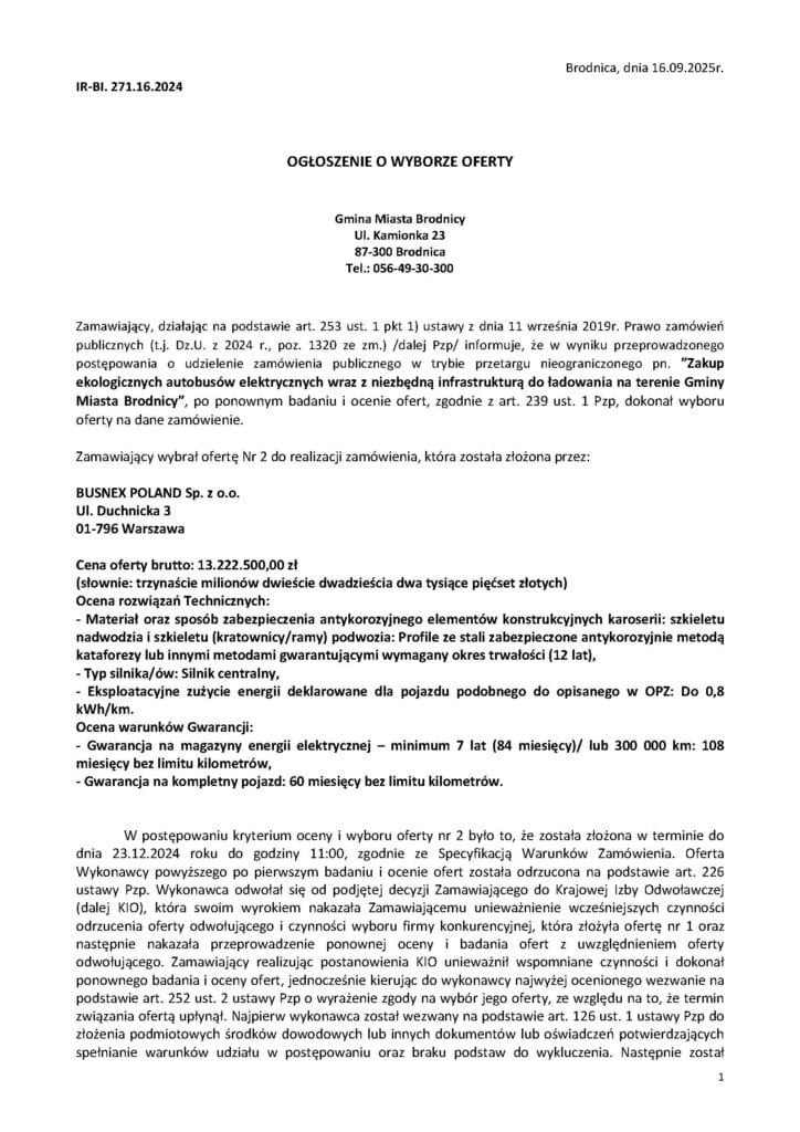 Busnex Poland wygrywa w Brodnicy – finał rekordowo długiego postępowania na e-busy