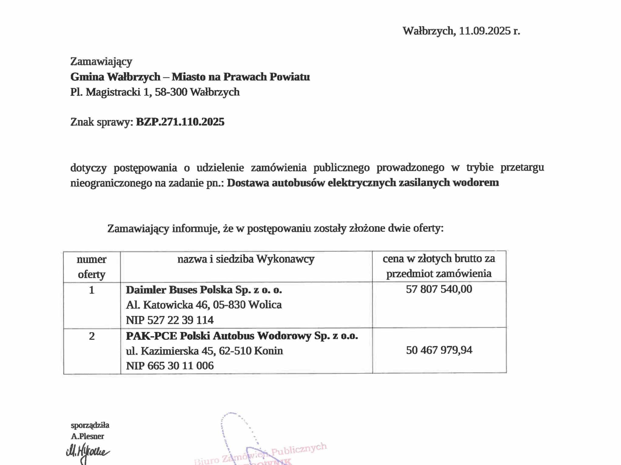 Dwie oferty na autobusy wodorowe dla Wałbrzycha. Daimler kontra PAK-PCE