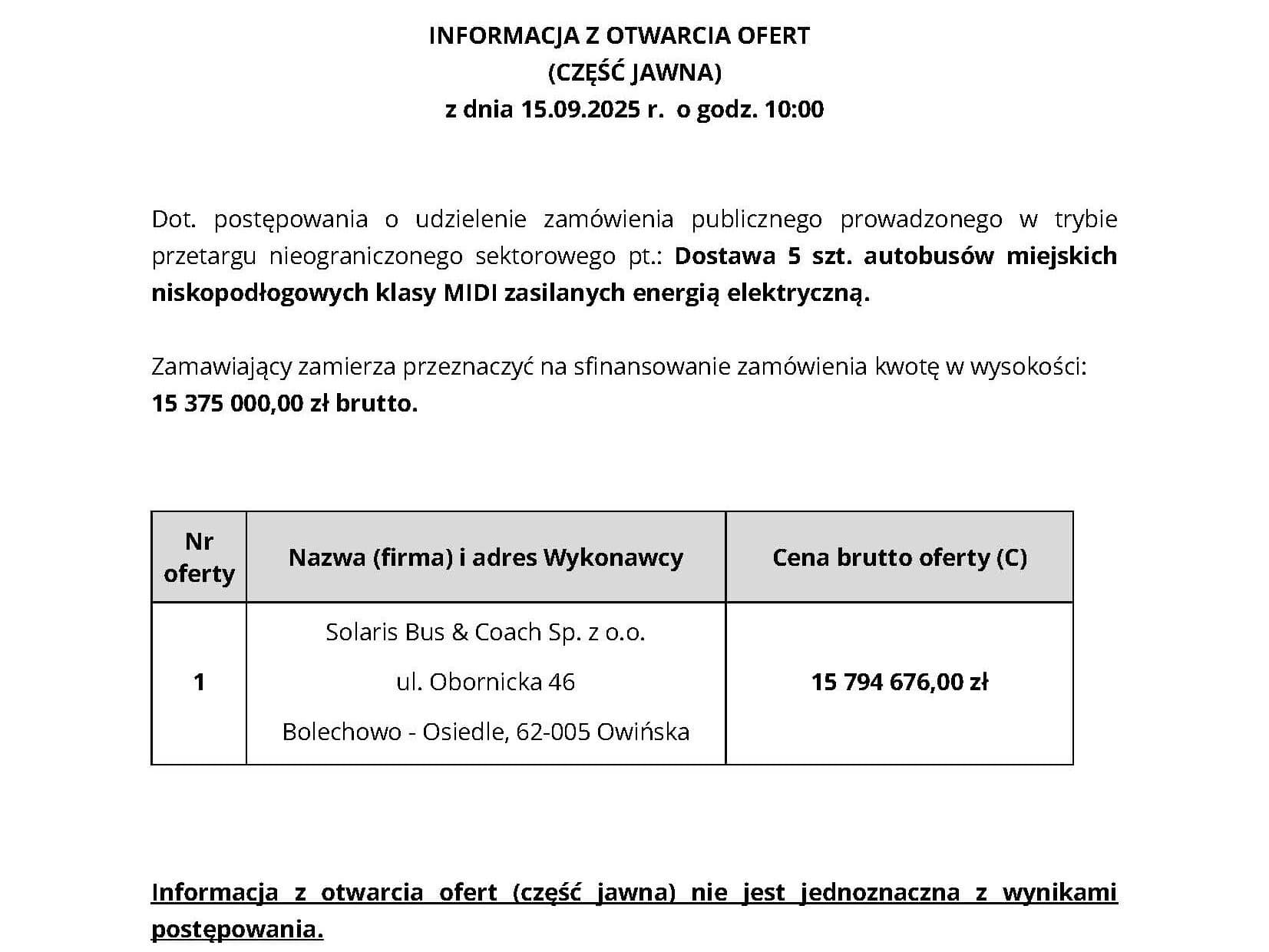 Kończy się postępowanie przetargowe na zakup pięciu autobusów elektrycznych klasy midi, czyli pojazdów o długości poniżej 10 metrów.