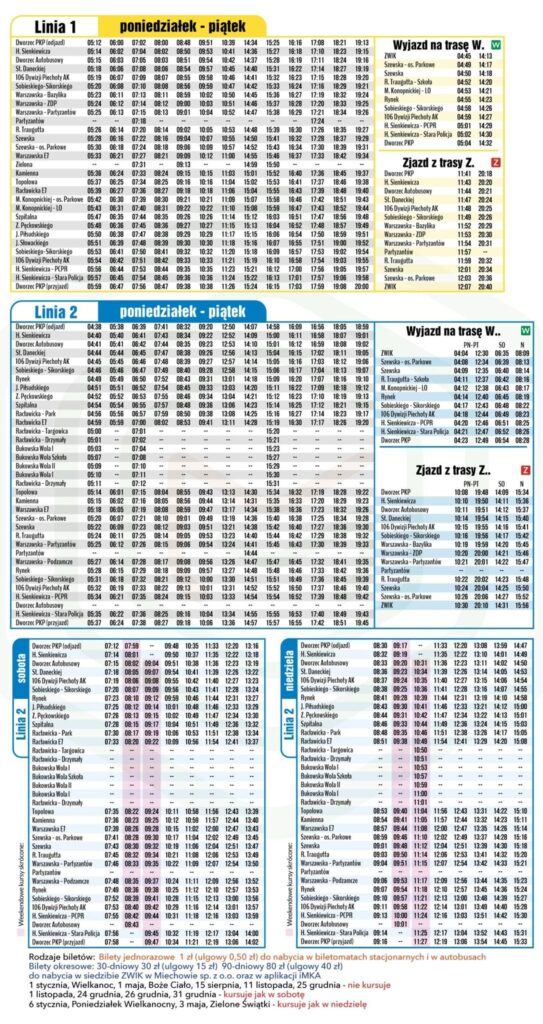 Rozkład jazy autobusów w Miechowie. Zmiany dotyczą dostosowania rozkładów jazdy autobusów miejskich do wprowadzonych przez PKP zmian kursowania pociągów (ważnego od 31 sierpnia 2025 r. do 25 października 2025 r.).
