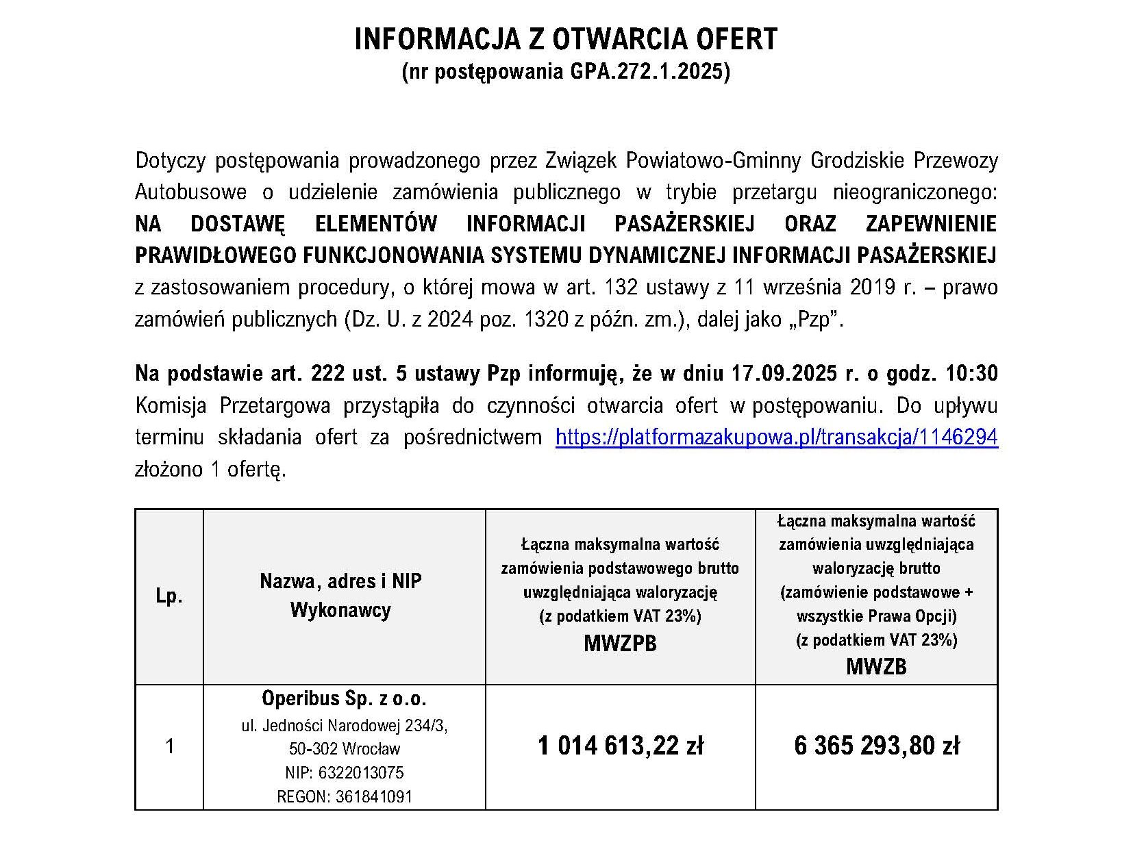 Operibus z jedyną ofertą na system informacji pasażerskiej dla GPA Grodzisk Maz.