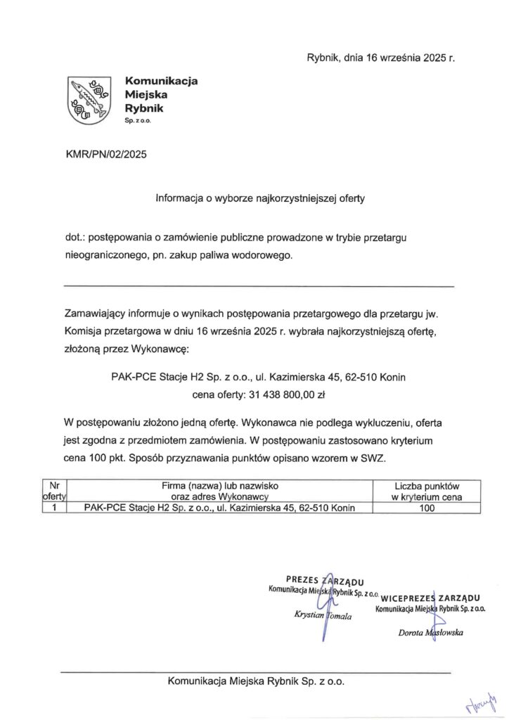 PAK-PCE Stacje H2 z jedyną ofertą – Rybnik inwestuje dalej w transport publiczny bez emisji