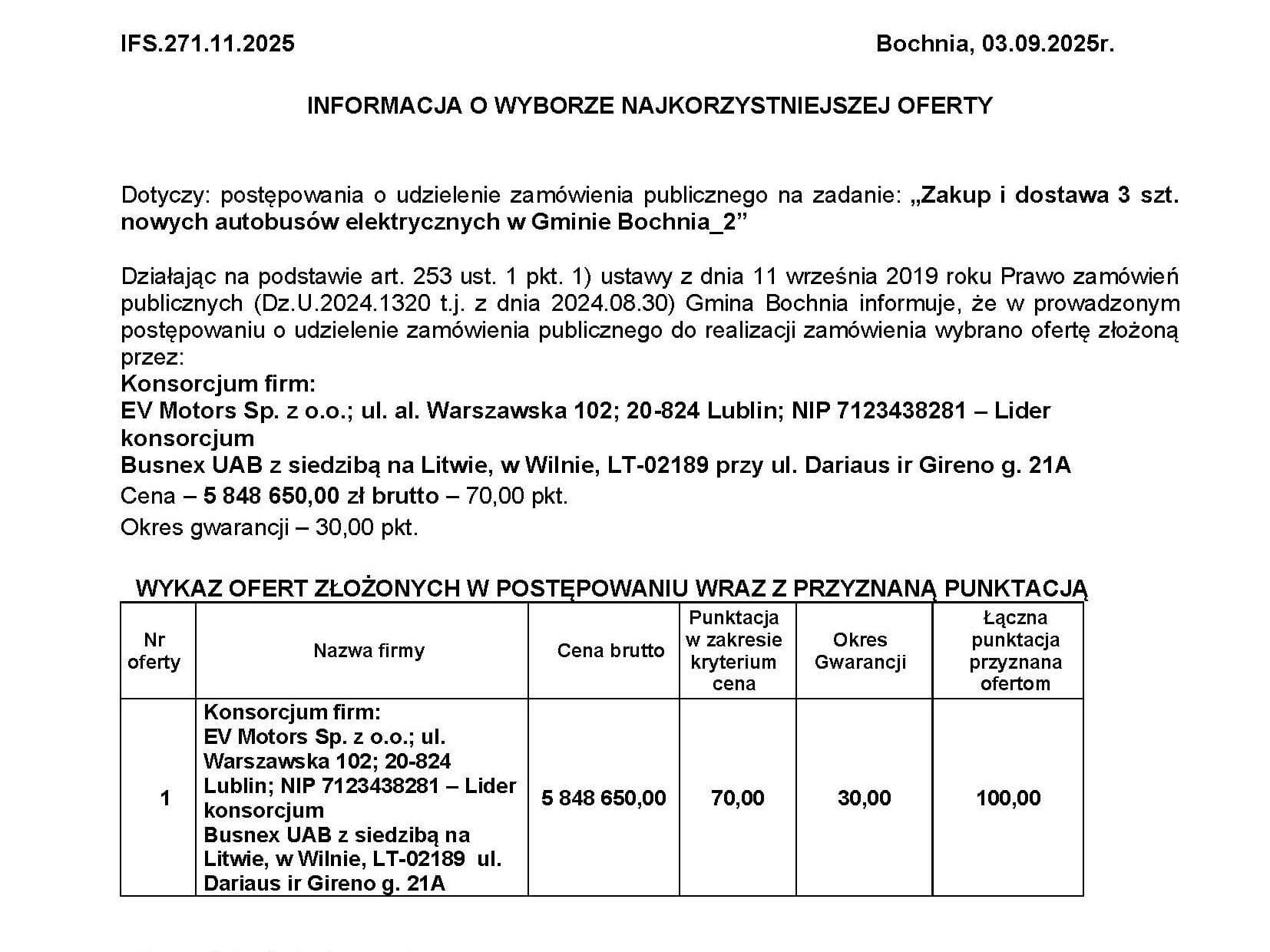 Elektrobusy dla Bochni z Chin - wybór konsorcjum EV Motors i Busnex UAB