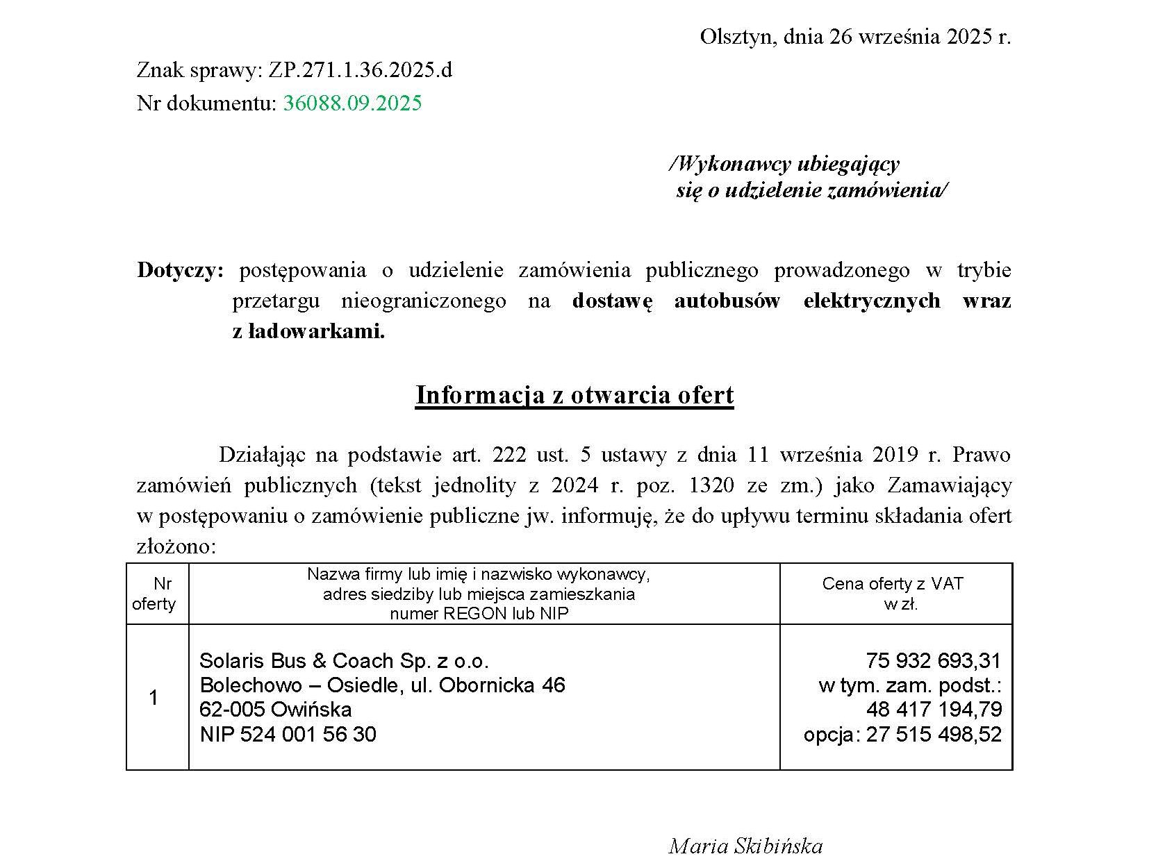 Tylko jedna oferta na 11 autobusów elektrycznych dla MPK Olsztyn / fot. UM Olsztyn