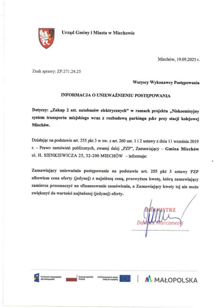 Zonsony za drogie dla Miechowa. Unieważnienie przetargu na autobusy elektryczne