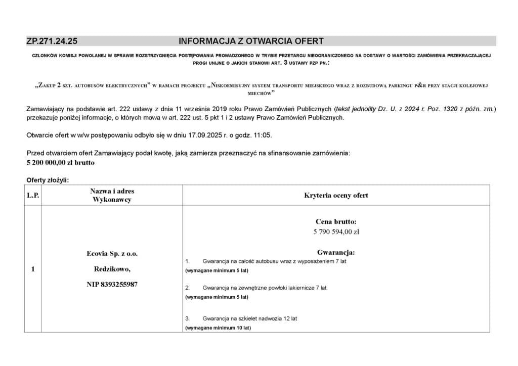Miechów otworzył oferty na elektrobusy. ECOVIA jedynym oferentem