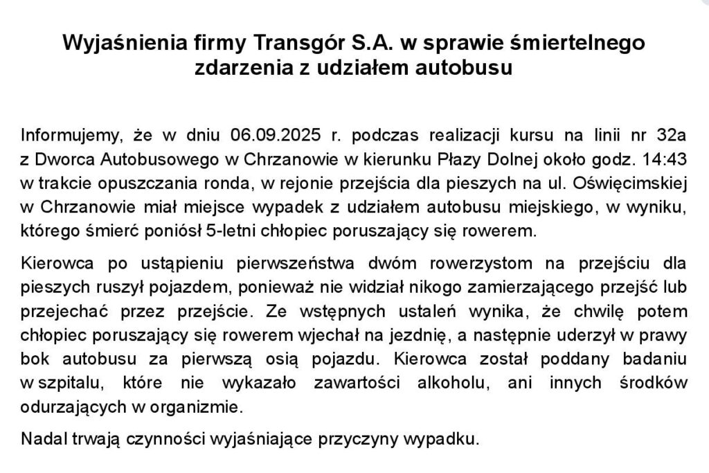 Śmiertelny wypadek w Chrzanowie. Przewoźnik wydał oświadczenie po tragedii z udziałem pięcioletniego dziecka