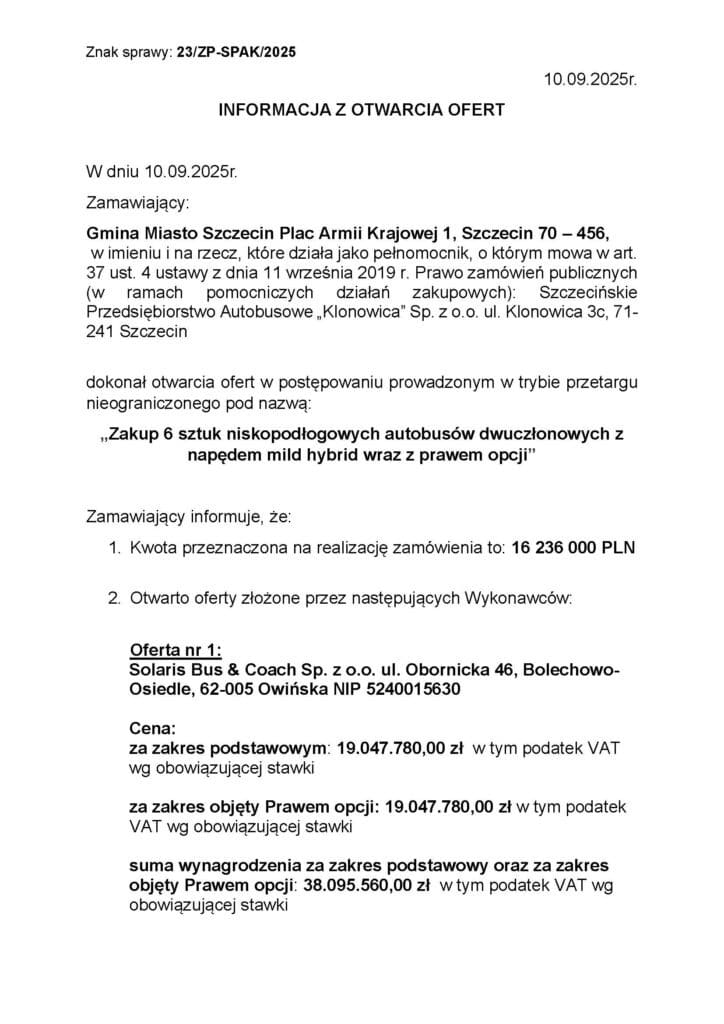Szczecin ma oferty w przetargu na autobusy mild hybrid dla SPA Klonowica