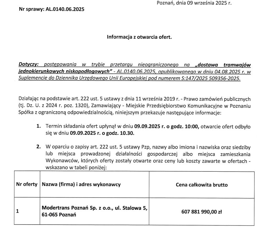 Oferta na tramwaje dla MPK Poznań
