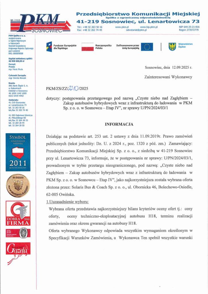 PKM Sosnowiec wybiera pięć hybryd od Solarisa