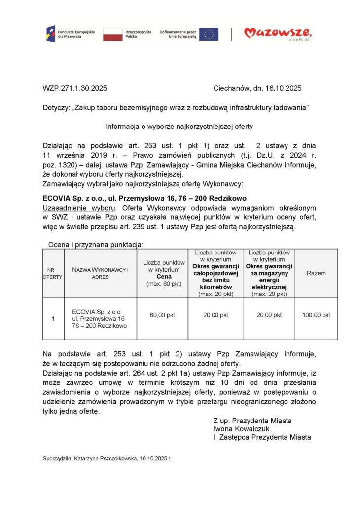 Ciechanów nie zmienia kursu i wybiera ECOVIĘ na dostawcę elektrobusów