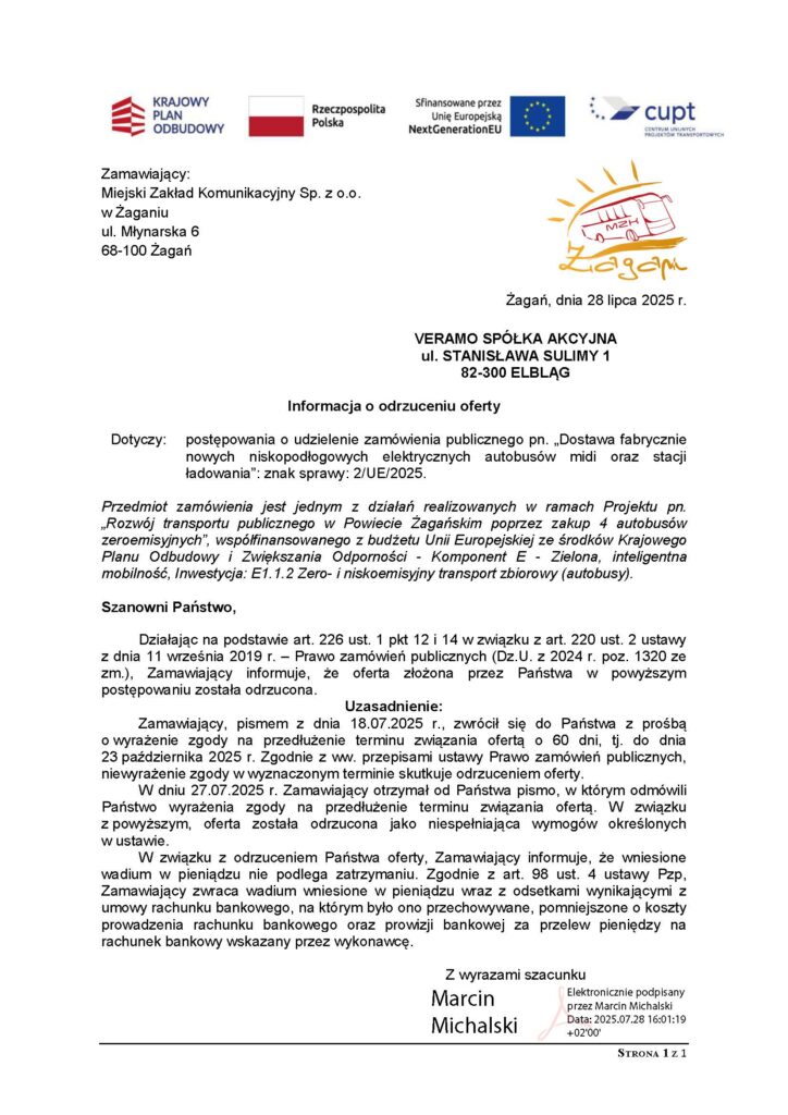 MZK Żagań wybiera pierwsze elektrobusy - marki Zonson