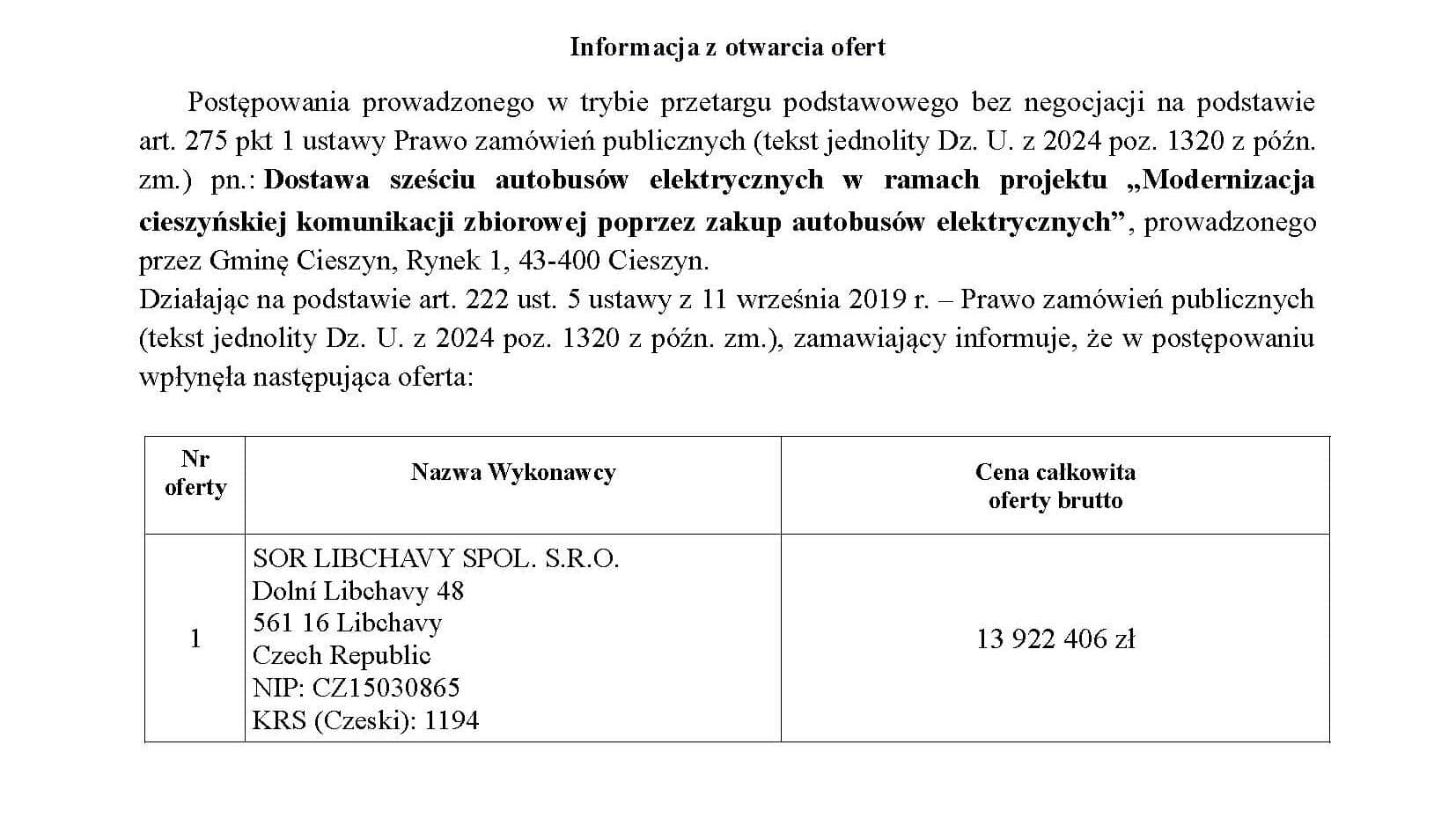 Cieszyński przetarg na autobusy elektryczne z jedną ofertą – od SOR Libchavy