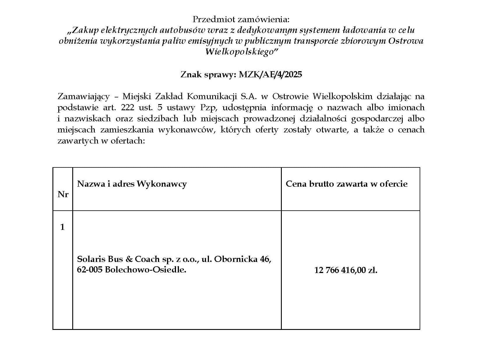 MZK Ostrów Wlkp. otworzył oferty na nowe elektrobusy. Solaris jedynym oferentem