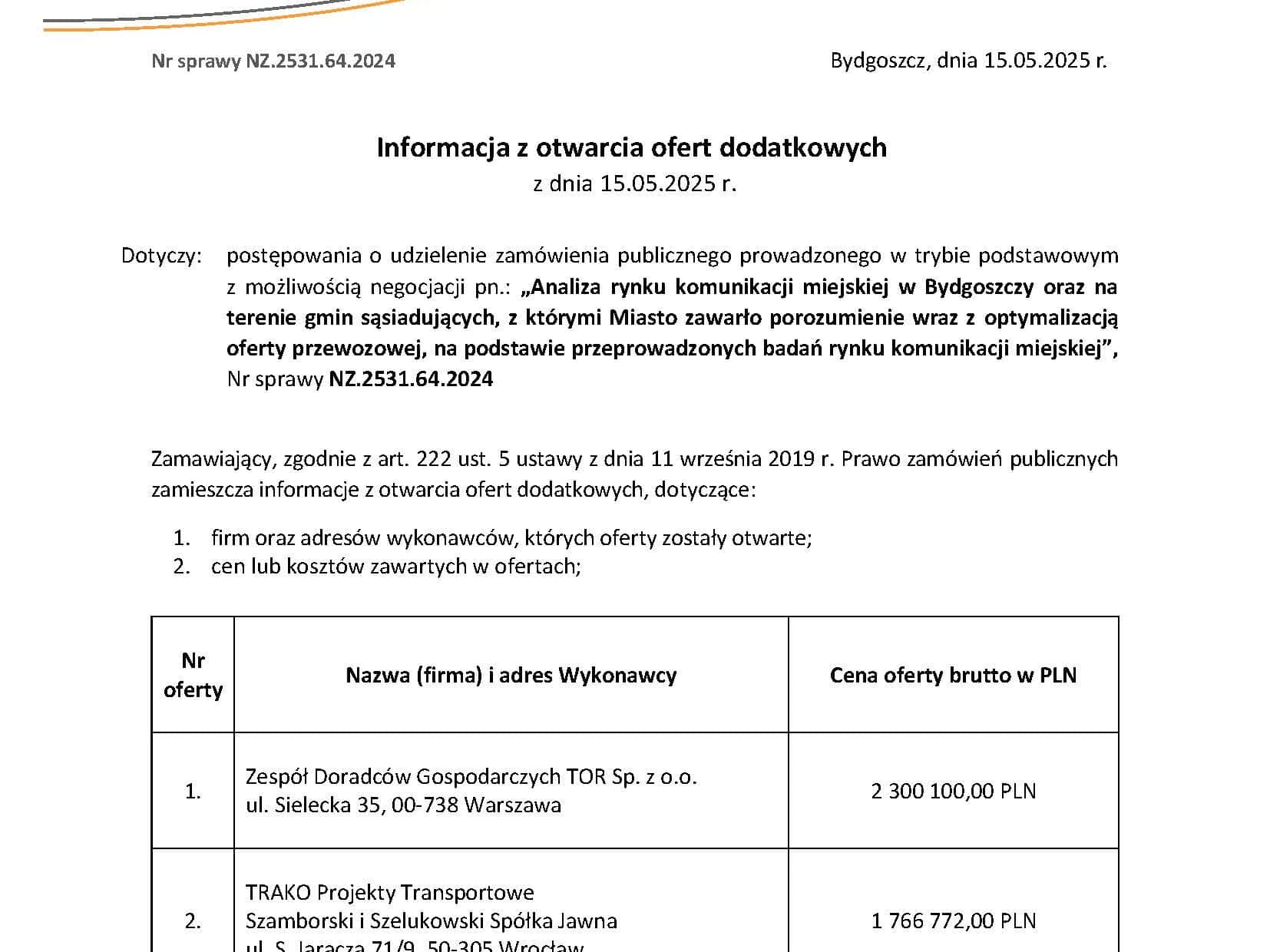 Zarząd Dróg Miejskich i Komunikacji Publicznej w Bydgoszczy ujawnił oferty podstawowe i dodatkowe w dwóch turach: 25 kwietnia oraz 15 maja 2025 roku.