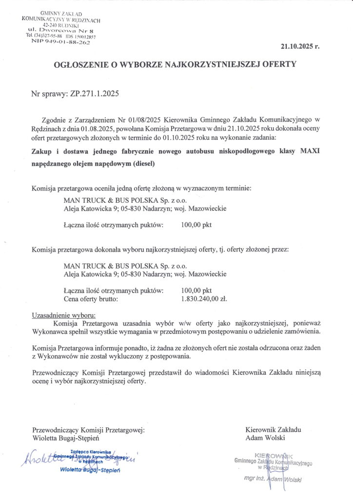 Jeden autobus spalinowy dla GZK Rędziny. Oferta MAN-a wybrana