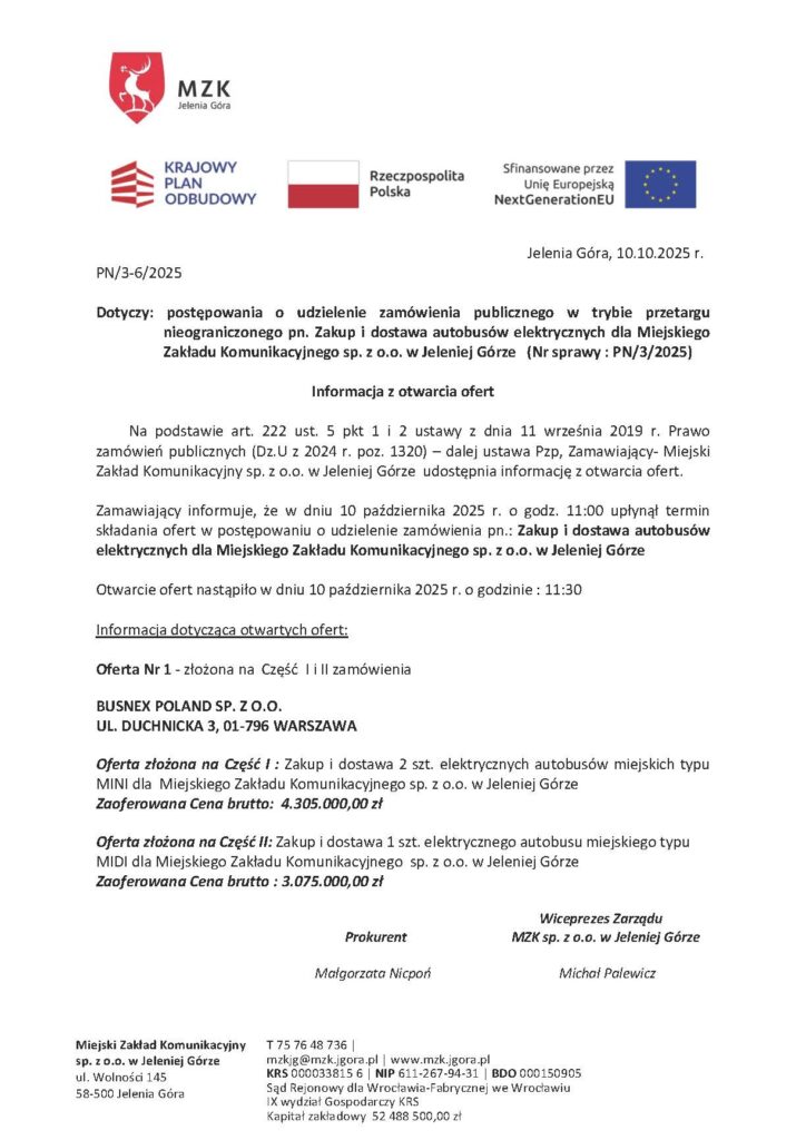 MZK Jelenia Góra ma ofertę od Busnex Poland na trzy autobusy elektryczne