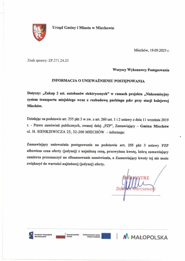 Gmina Miechów jeszcze raz szuka dwóch autobusów elektrycznych klasy I kategorii MIDI.