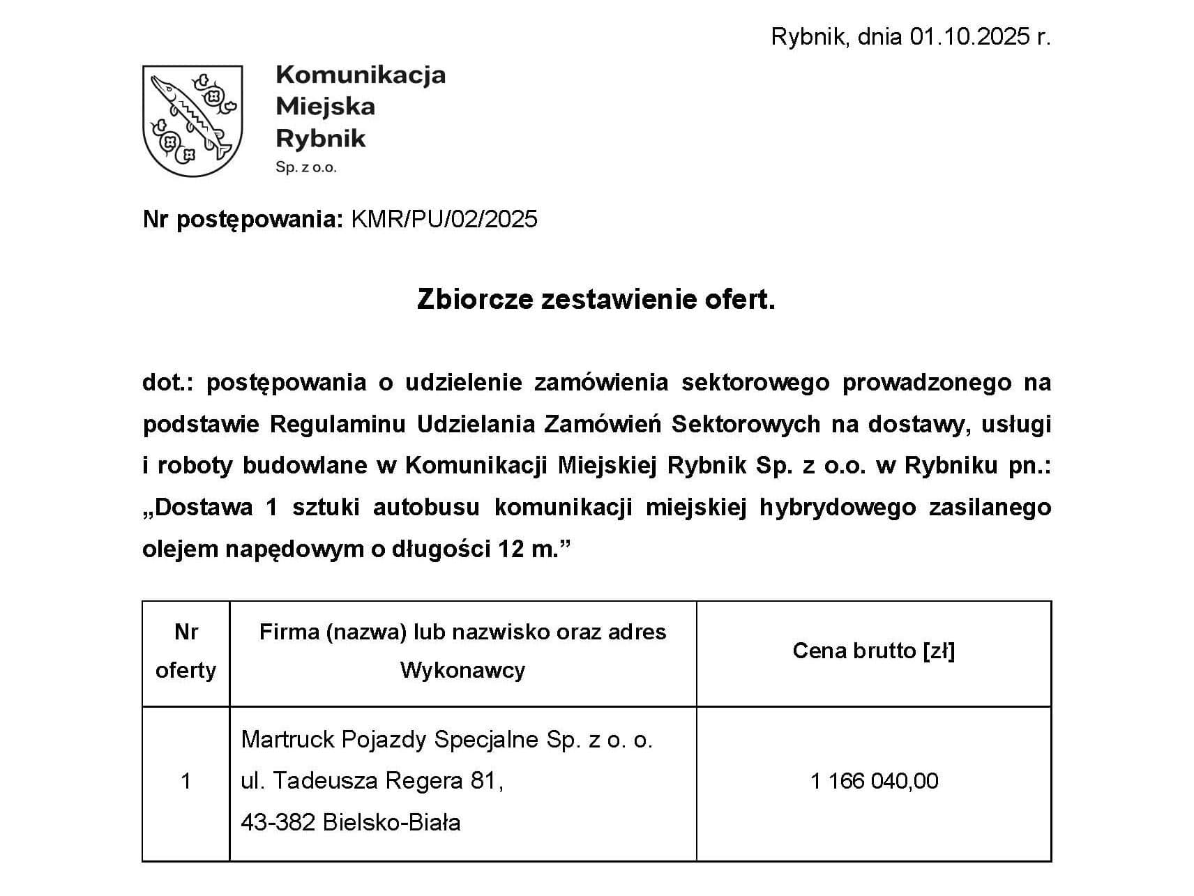 Martruck jedynym oferentem w przetargu KM Rybnik