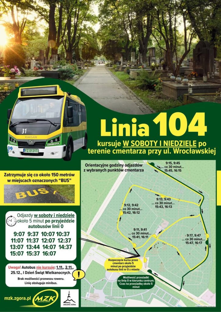 Od soboty, 18 października 2025 r., minibus kursuje po terenie cmentarza komunalnego przy ul. Wrocławskiej.