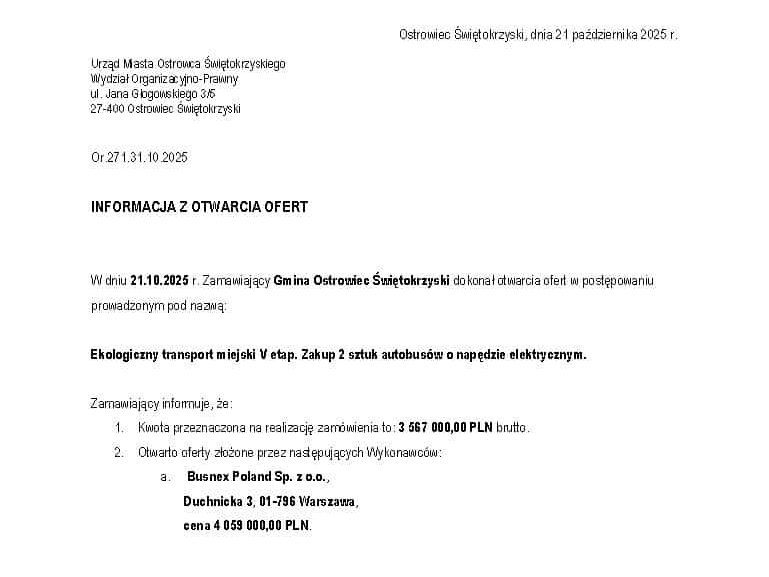 Busnex Poland jedynym oferentem w przetargu na elektrobusy dla Ostrowca Świętokrzyskiego