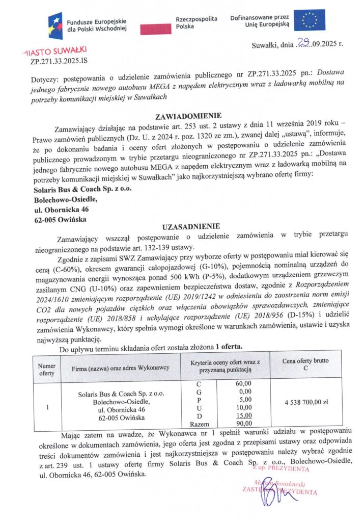 Suwałki wybierają elektrobusy od Solarisa