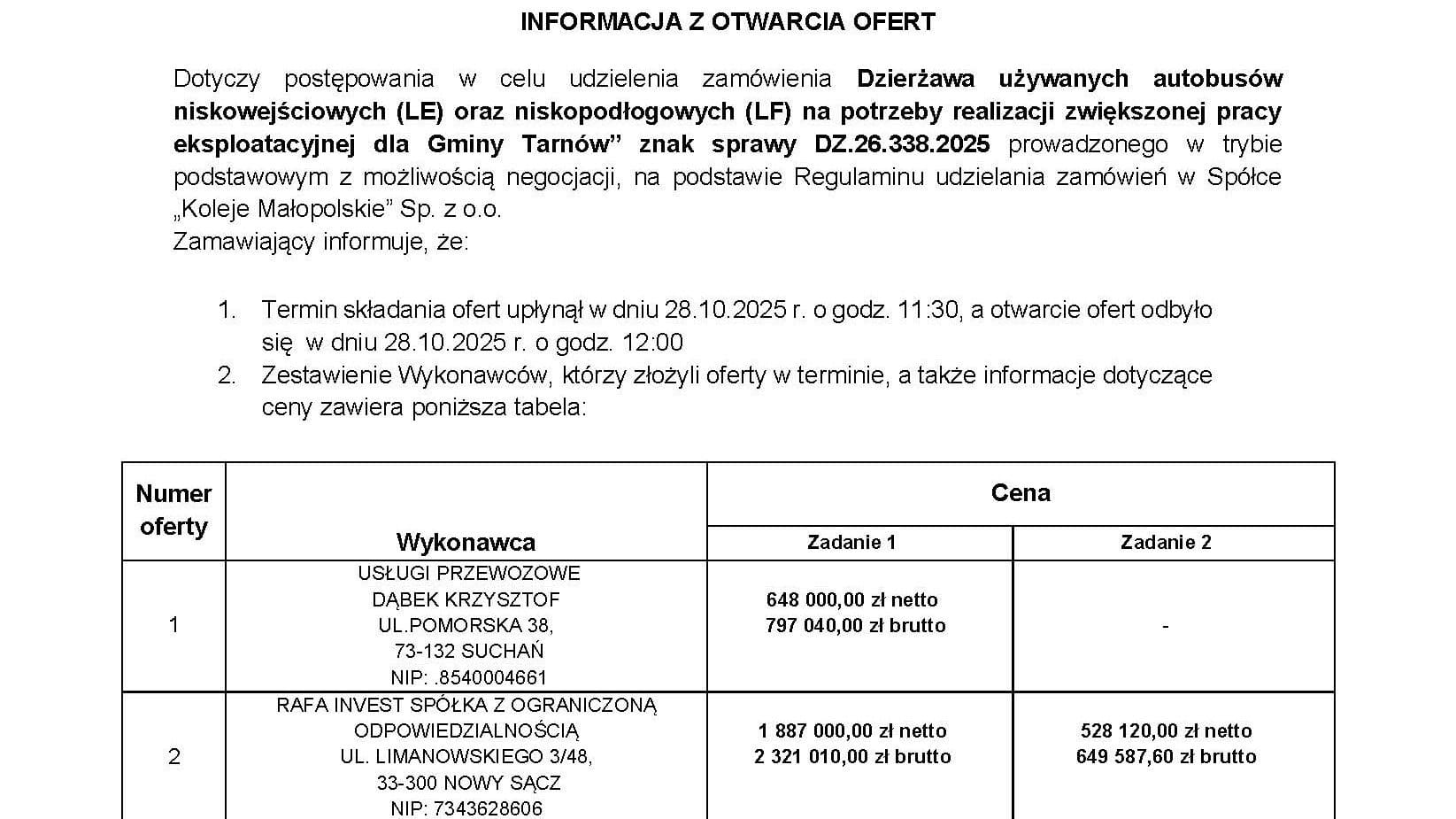Dzierżawa autobusów LE i LF rozstrzygnięta – umowy trafią do Dąbka i Rafa Invest