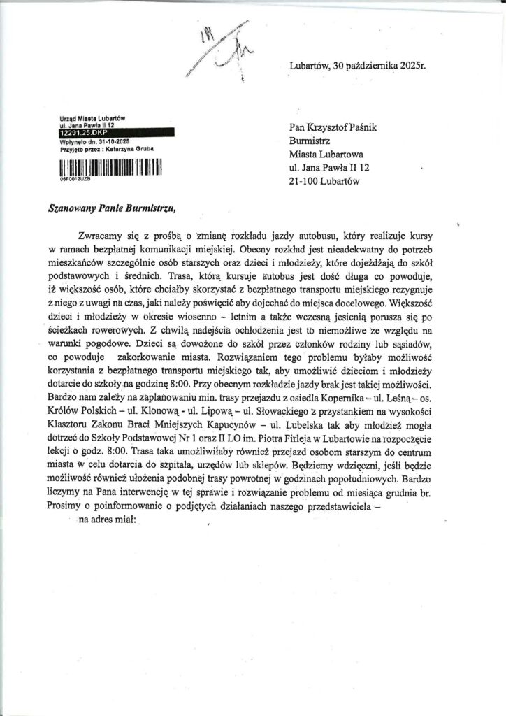 Petycja o zmianę rozkładu jazdy bezpłatnej komunikacji w Lubartowie. Mieszkańcy mówią dość