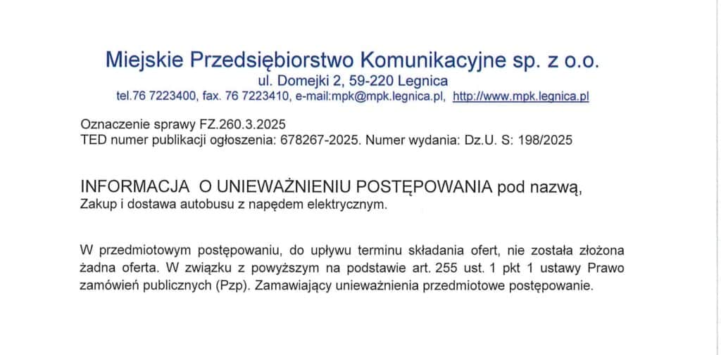 MPK Legnica unieważnia przetarg na elektrobus. Trzecia próba zakończona bez ofert