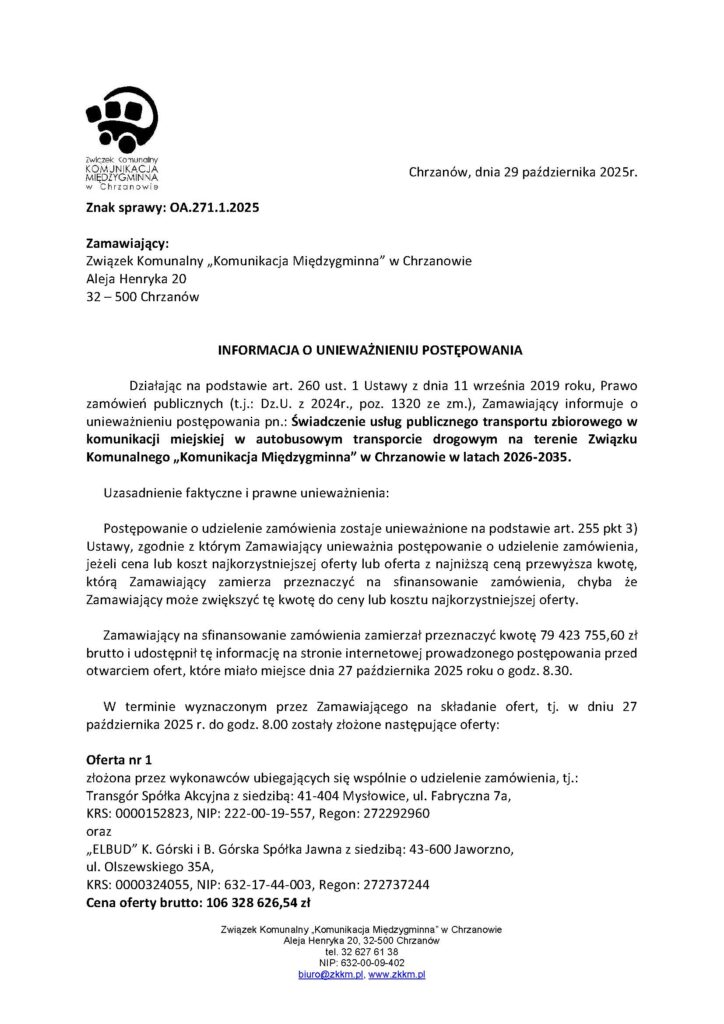 Przetarg ZKKM Chrzanów anulowany – żadna oferta nie mieści się w budżecie