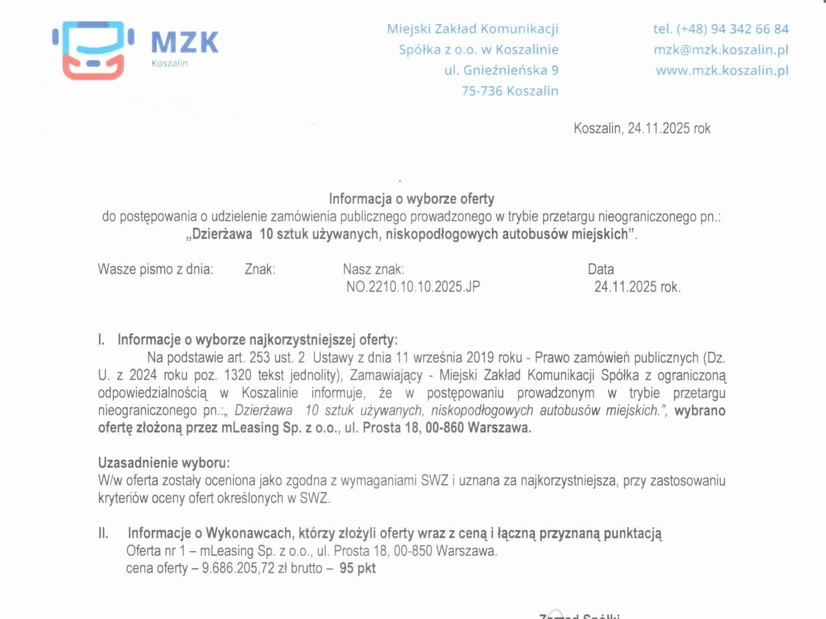 mLeasing wygrywa w Koszalinie. MZK rozstrzyga przetarg na dzierżawę 10 używanych hybryd
