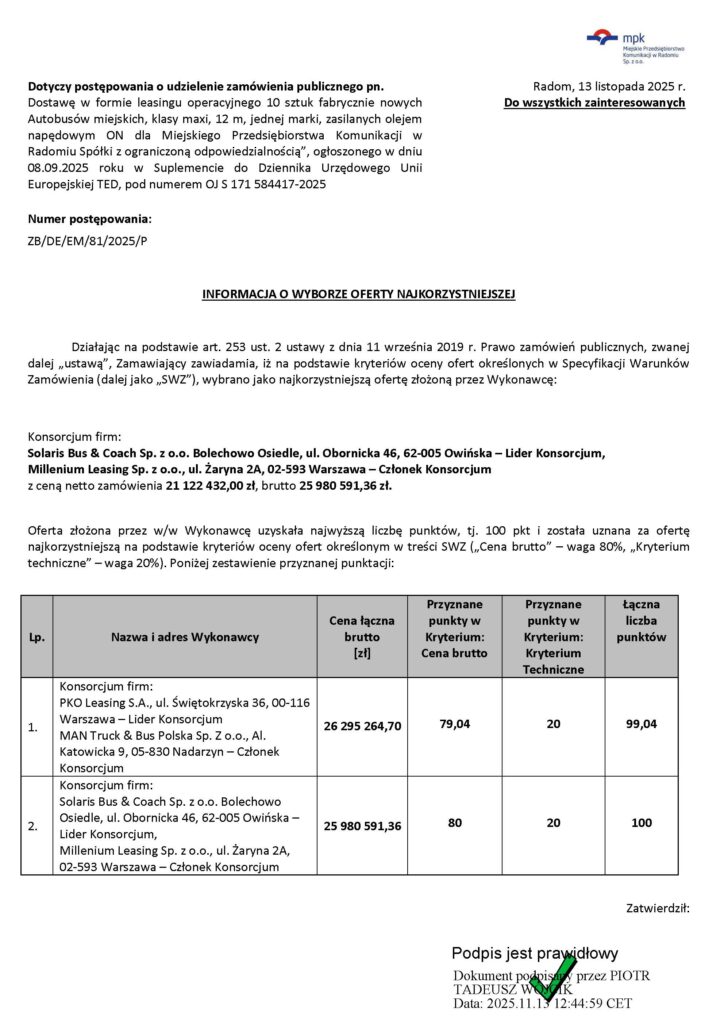 Urbino zamiast Lion’sa. Solaris wygrywa w Radomiu z MAN-em