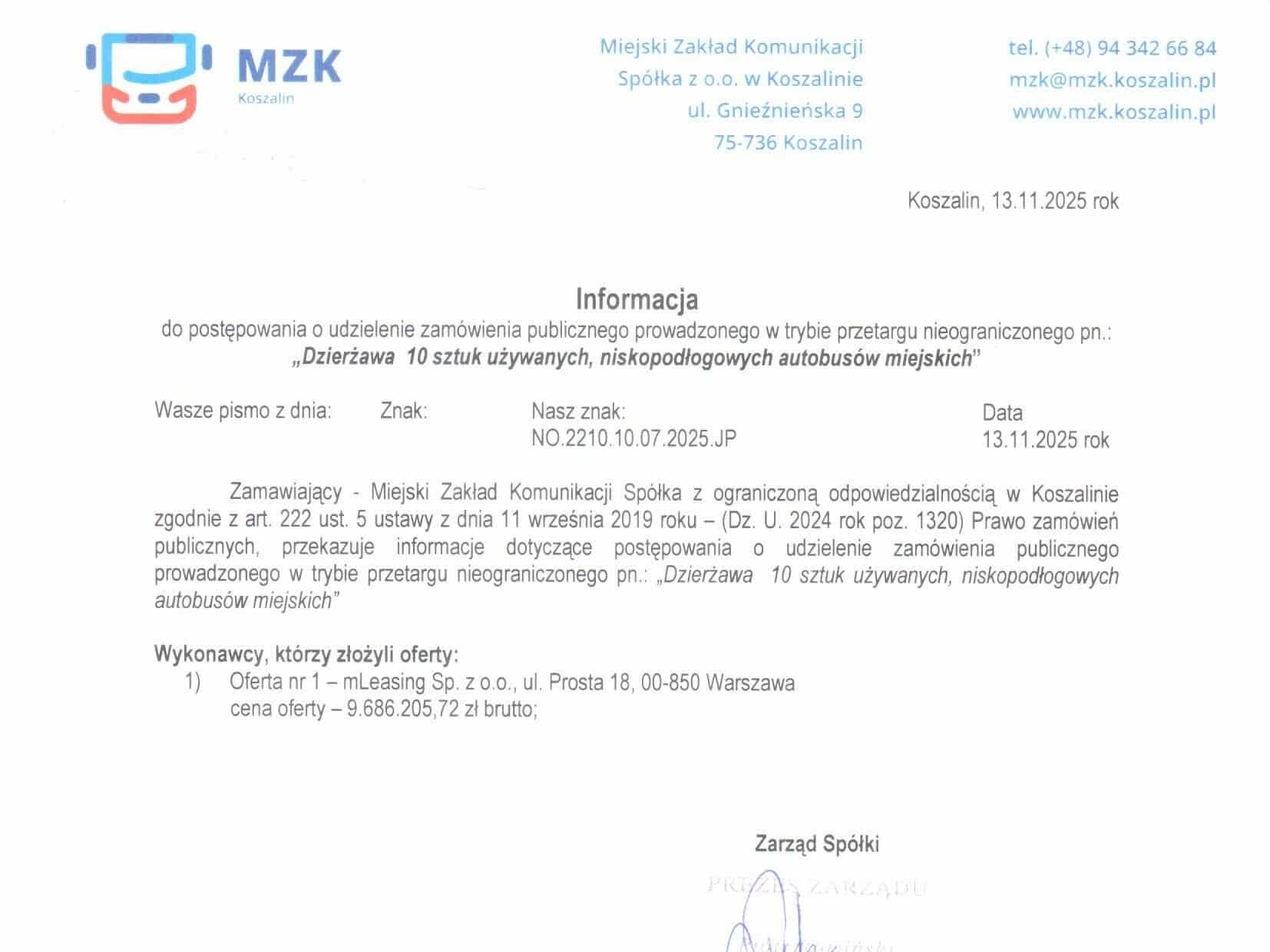 MZK Koszalin z jedną ofertą w przetargu na 10 hybryd z drugiej ręki. Ile zaproponował mleasing?